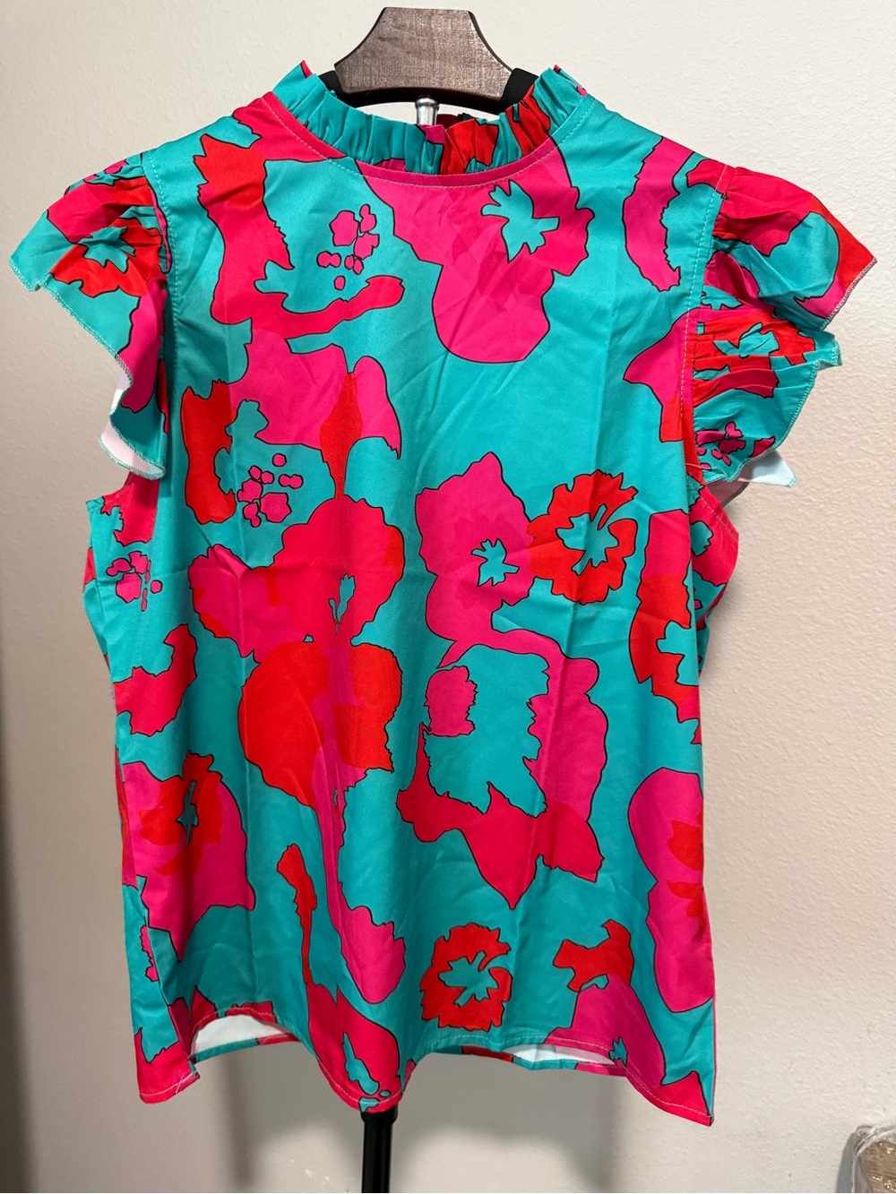 Bright Floral Ruffle Sleeve Top - Turquoise, Pink & Red